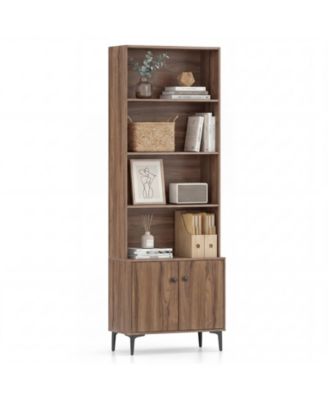 Bookshelf with Doors 5 Tier Floor Standing Bookcase with 2 Anti Tipping Kits