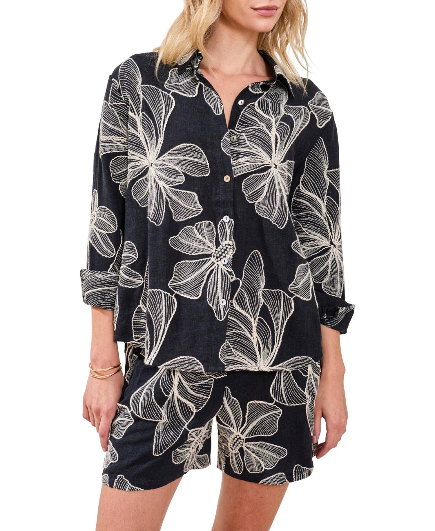 Women's Embroidered Crosshatch Button Top