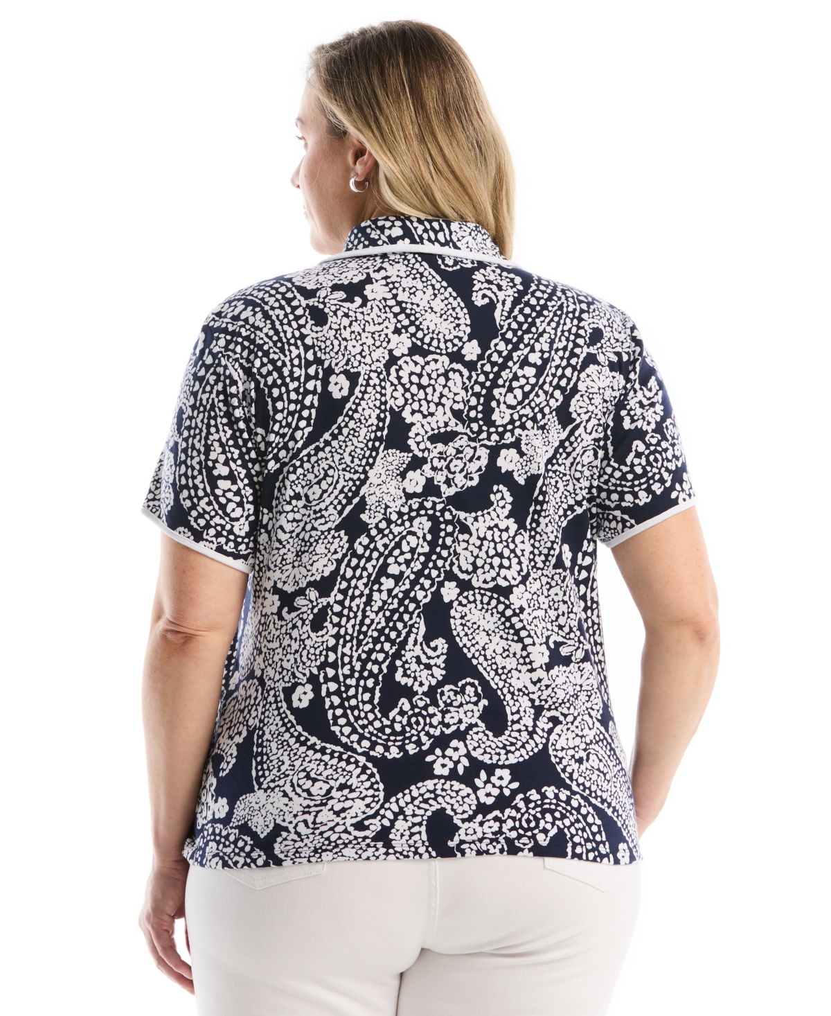 Rafaella Plus Paisley Print Contrast Trim Johnny Collar Short Sleeve Polo Shirt