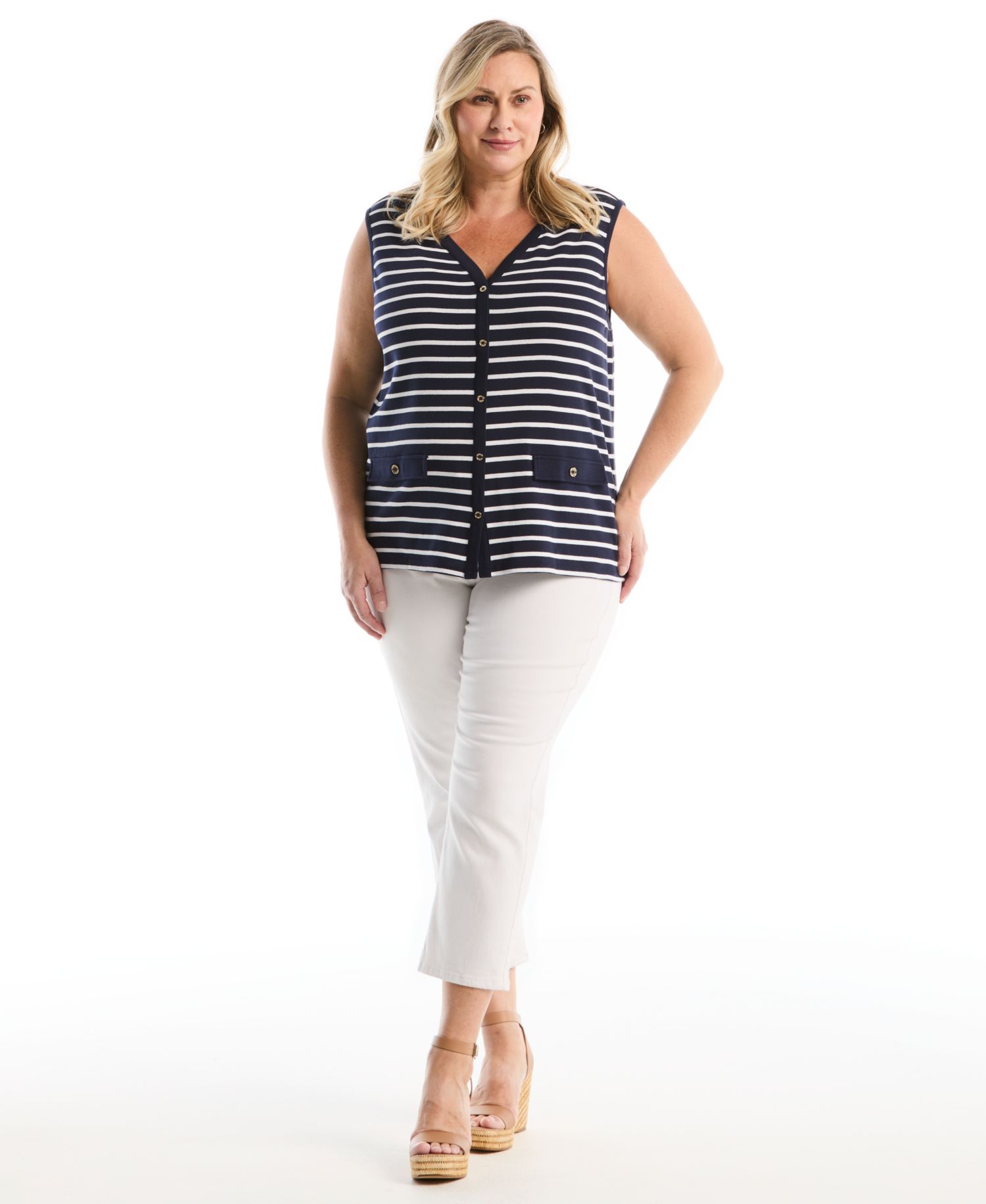 Plus Size Striped Button-Front Sleeveless Tank Top