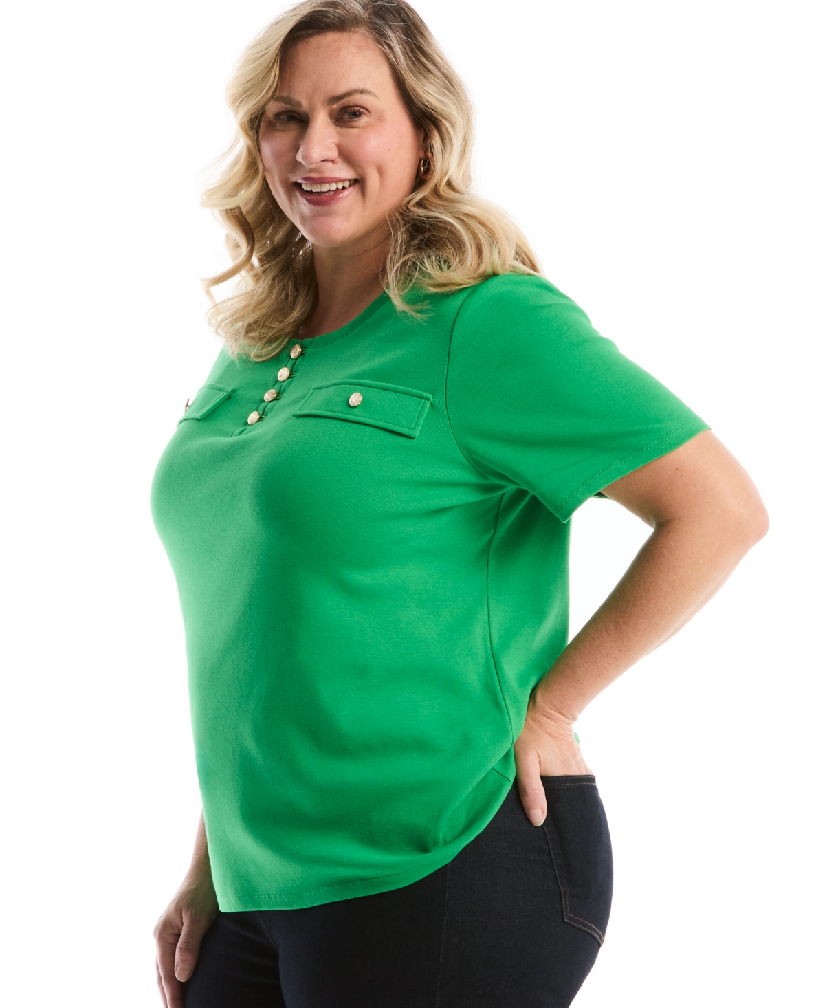 Rafaella Plus Welt Pocket Button Detail Short Sleeve Top
