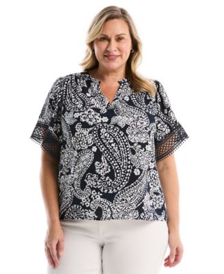 Plus Size Paisley Print Flutter Lace Short-Sleeve Blouse
