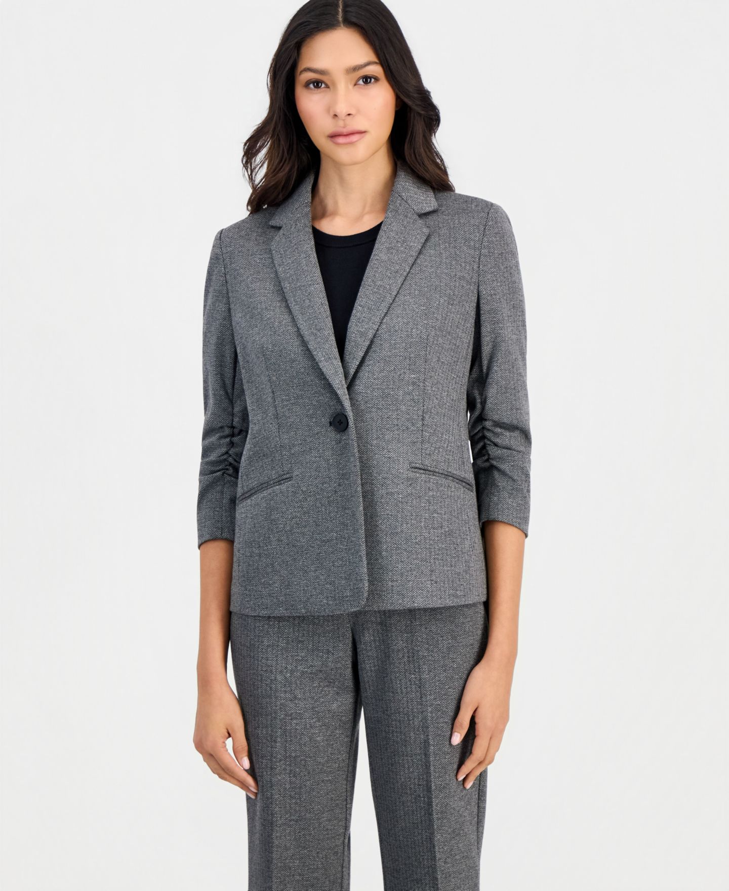 Женский пиджак Anne Klein Essentials Petite Ponte Scrunch-Sleeve Blazer, цвет: Чёрный / Серый — фото 1