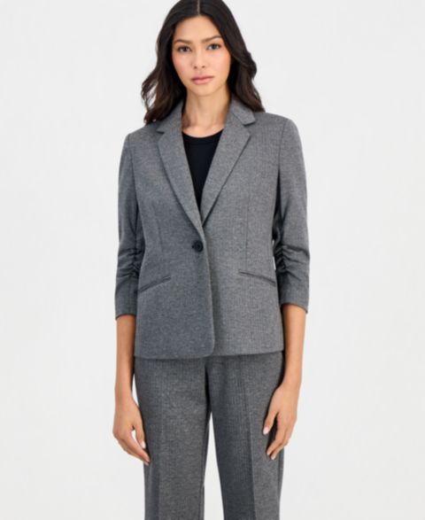 Женский пиджак Anne Klein Essentials Petite Ponte Scrunch-Sleeve Blazer, цвет: Чёрный / Серый