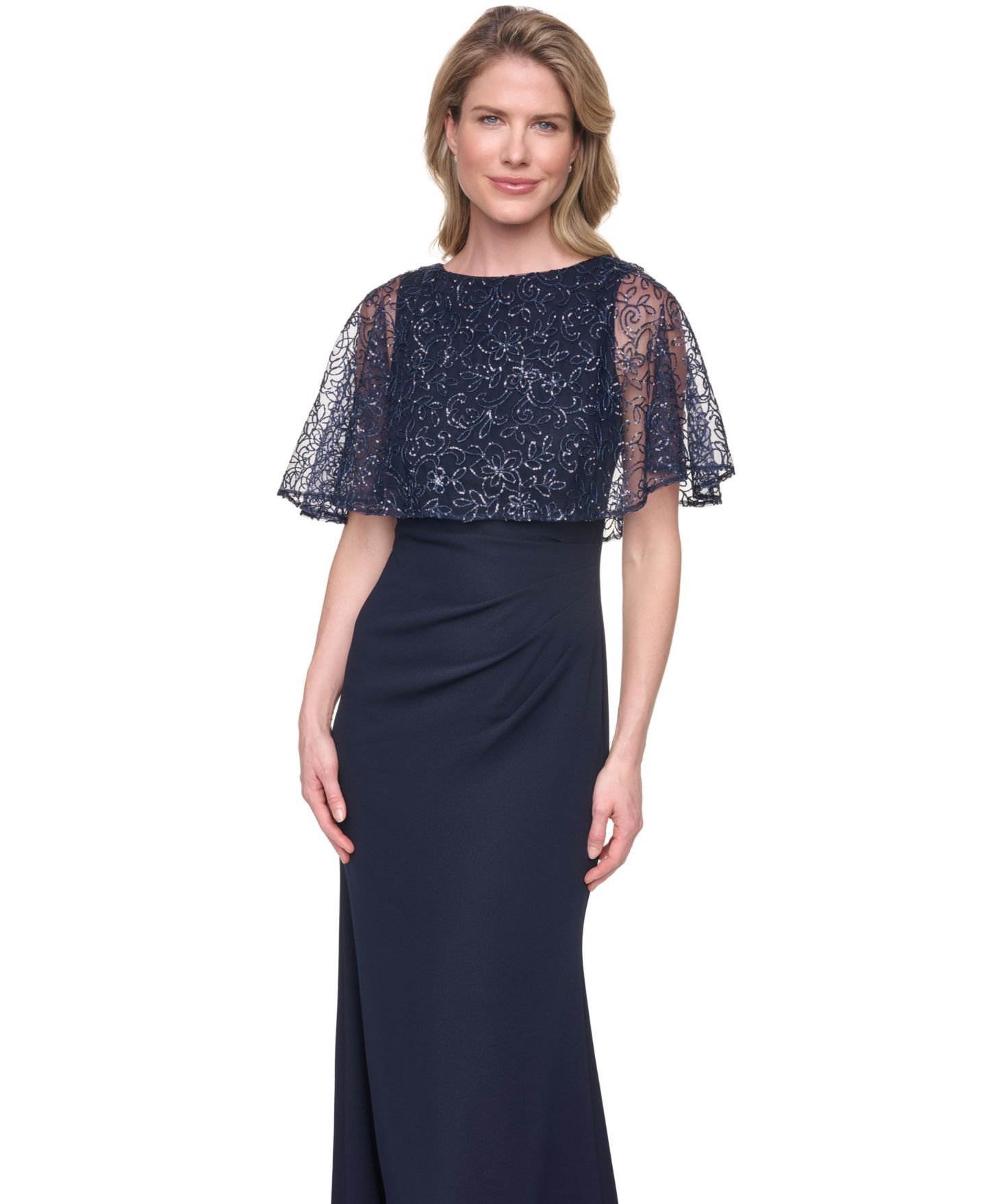 Женские платья Jessica Howard Petite Capelet Boat Neck Sequin Detail Gown, цвет: Тёмно-синий — фото 2