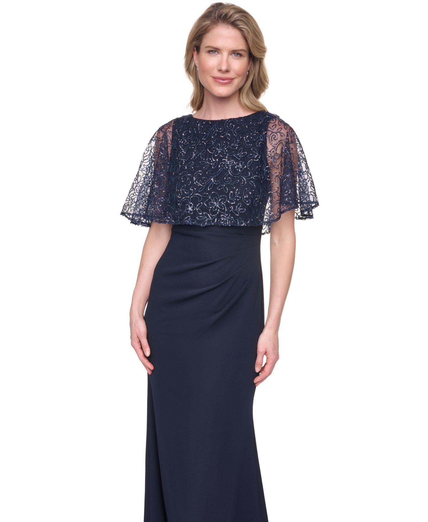 Petite Capelet Boat Neck Sequin Detail Gown