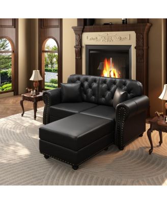 63'' Faux Leather Loveseat and Ottoman Set, Tufted Nailhead, Wood Frame