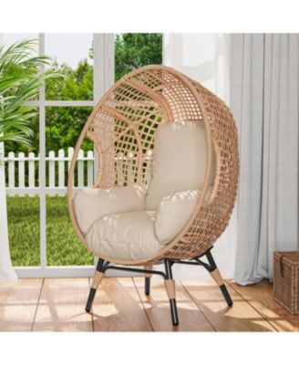 Outdoor Wicker Egg Chair with Cushion, PE Rattan Wicker Lounge Chair, 400lb Capacity, Indoor Patio Egg Chairs, for Bedroom Backyard Balcony
