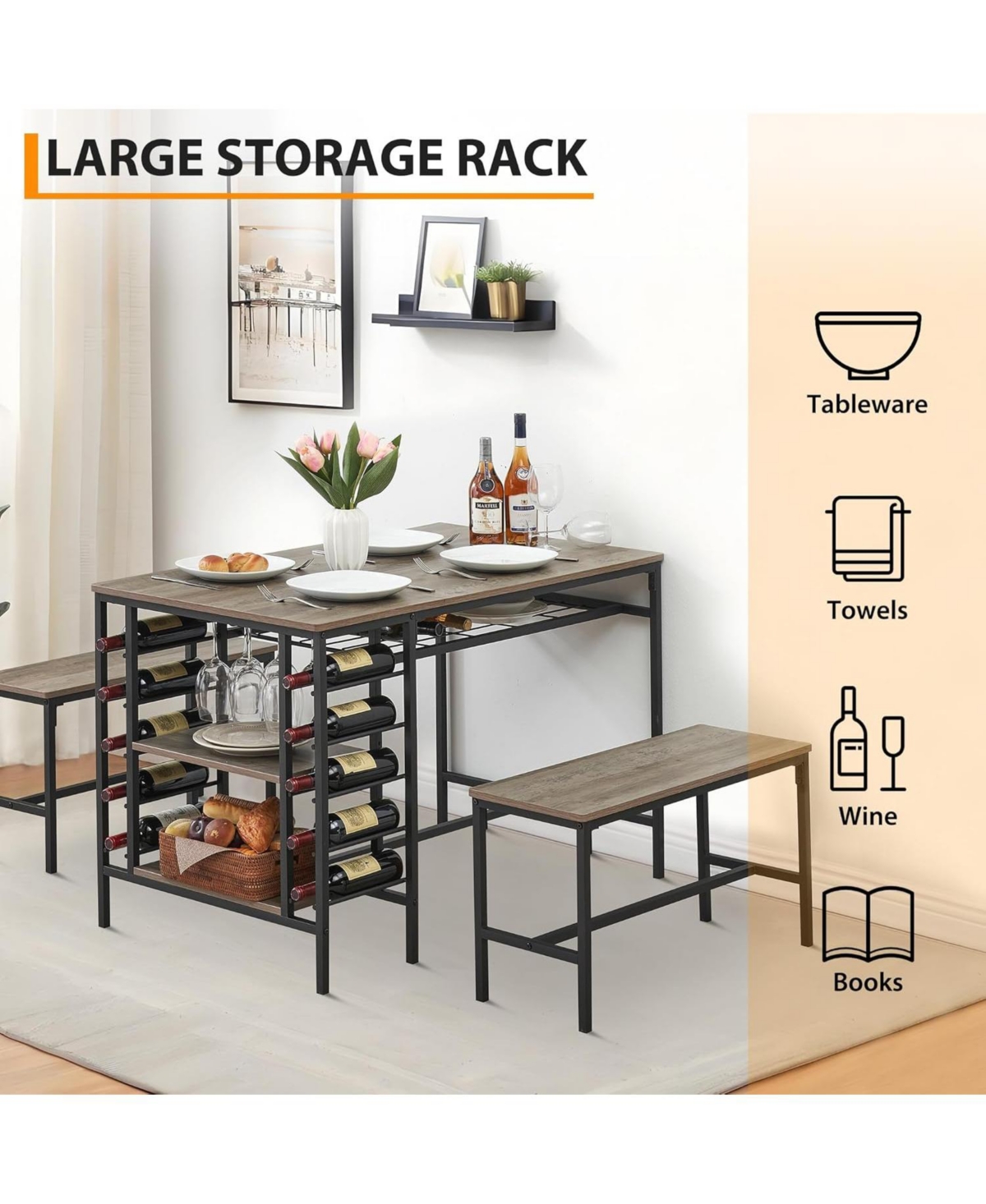 Gaomon 3-Piece Dining Set for 4, Table with 2 Benches, Rack & Storage