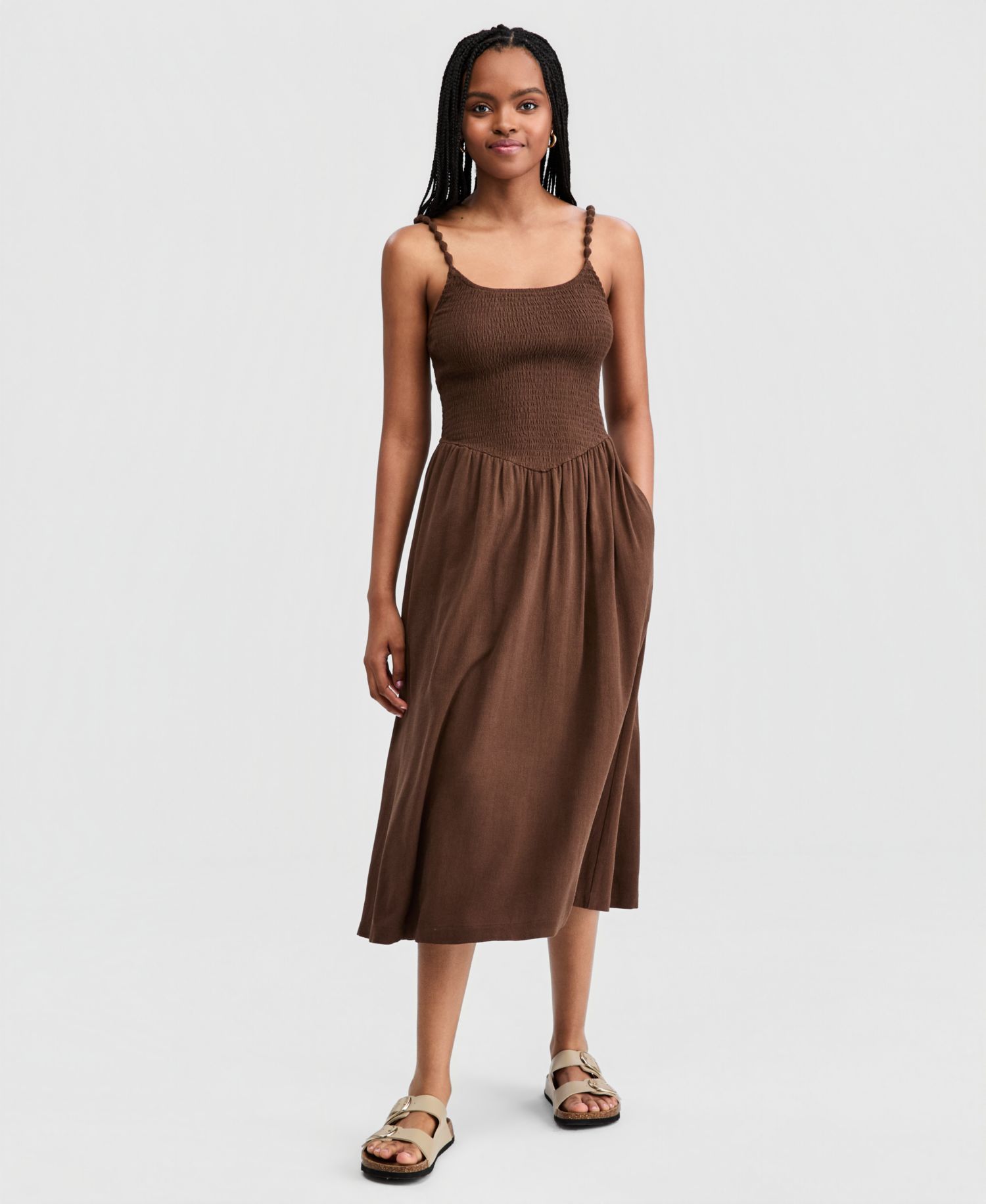 Petite Linen-Blend Beaded Strap Smocked Midi Dress