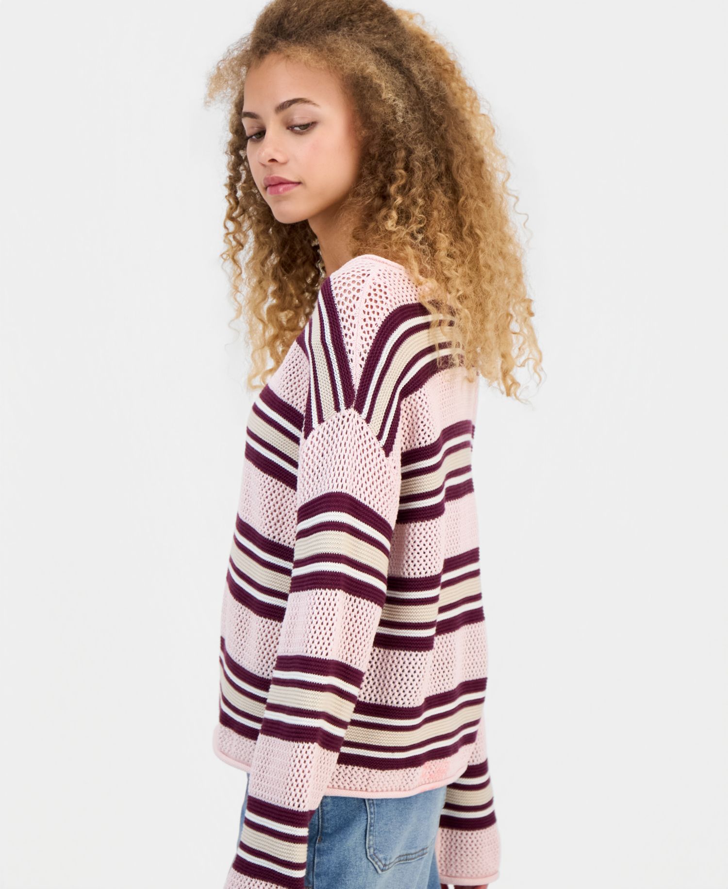 Juniors' Striped Open-Knit Bell-Sleeve Sweater