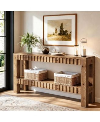 Solid Wood Console Table, 63" Farmhouse Long Entryway Table with Storage, 2-Tier Rectangular Narrow Sofa Table Behind Couch