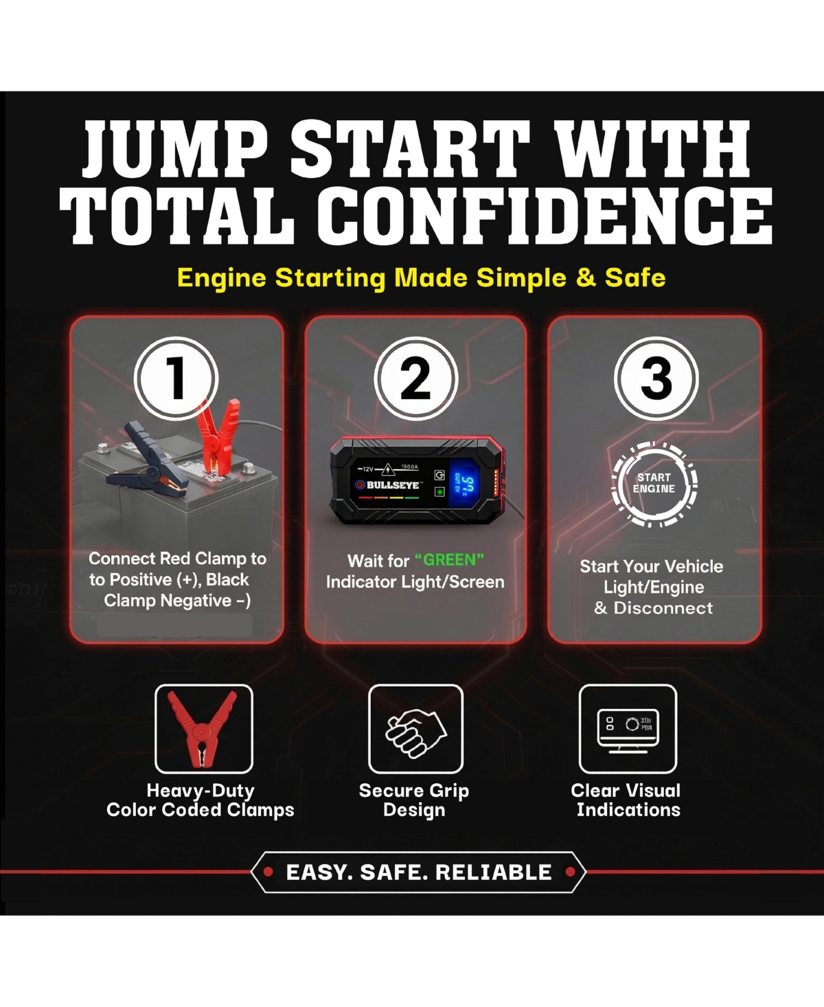 Bullseye Pro 12V 2250mAh Rechargeable Portable Battery Jump Starter with Light, Power Bank