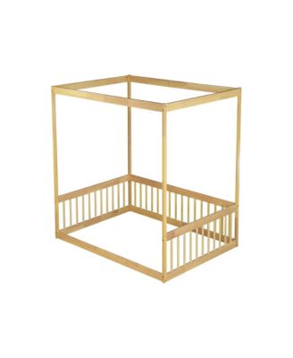 Full Size Canopy Frame Rubber Wood Floor Bed with Fence,Guardrails