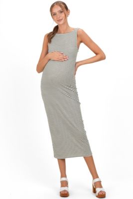 Maternity Mocha Striped Boat Neck Sleeveless Midi Dress