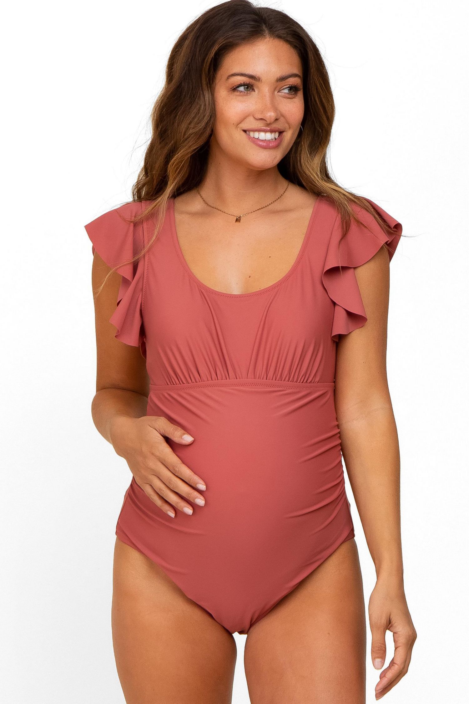 Women's Rust Ruffle Shoulder Pleated Side One Piece Swimsuit