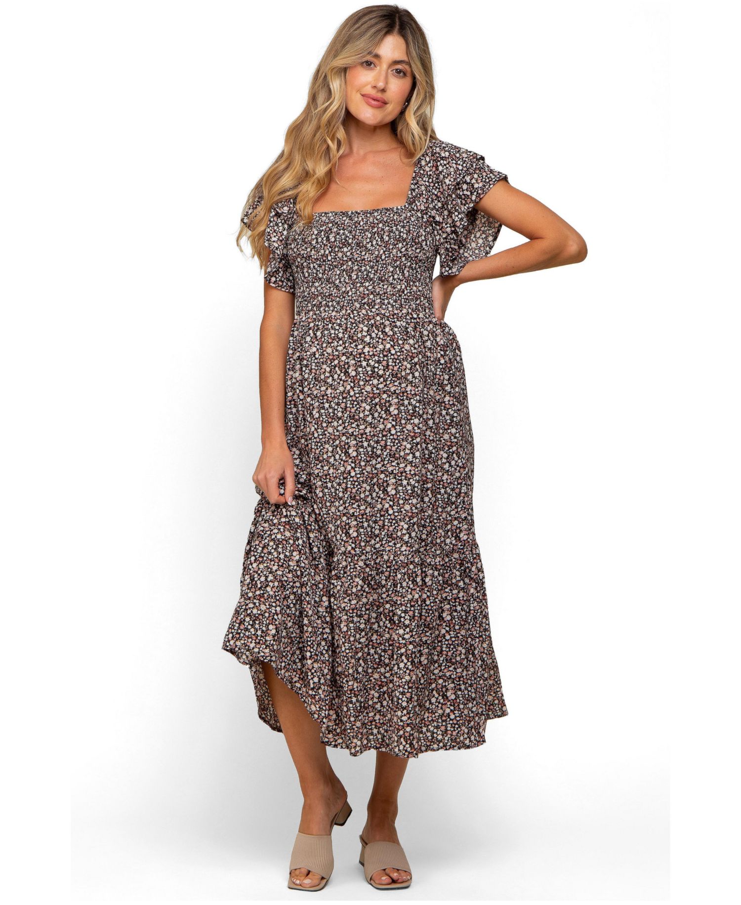 Women's Cream Floral Flutter Midi Dress