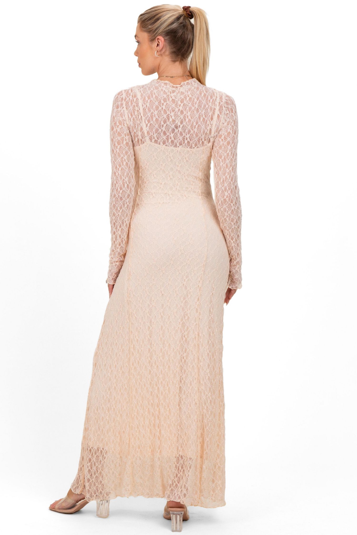 Women's Beige Lace Mock Neck Long Sleeve Maxi Dress