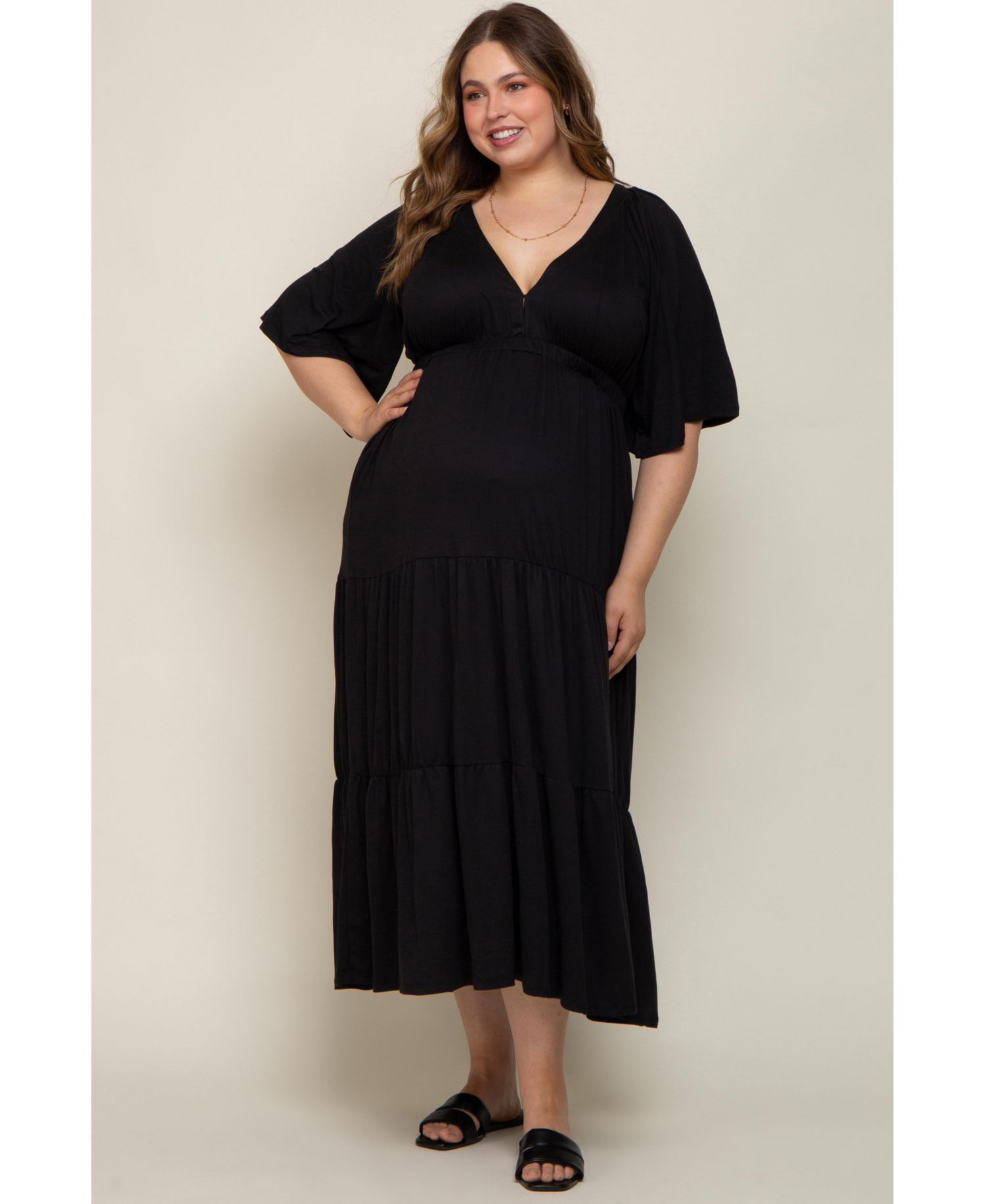 Women's Maternity Deep V-Neck Tiered Maxi Dress