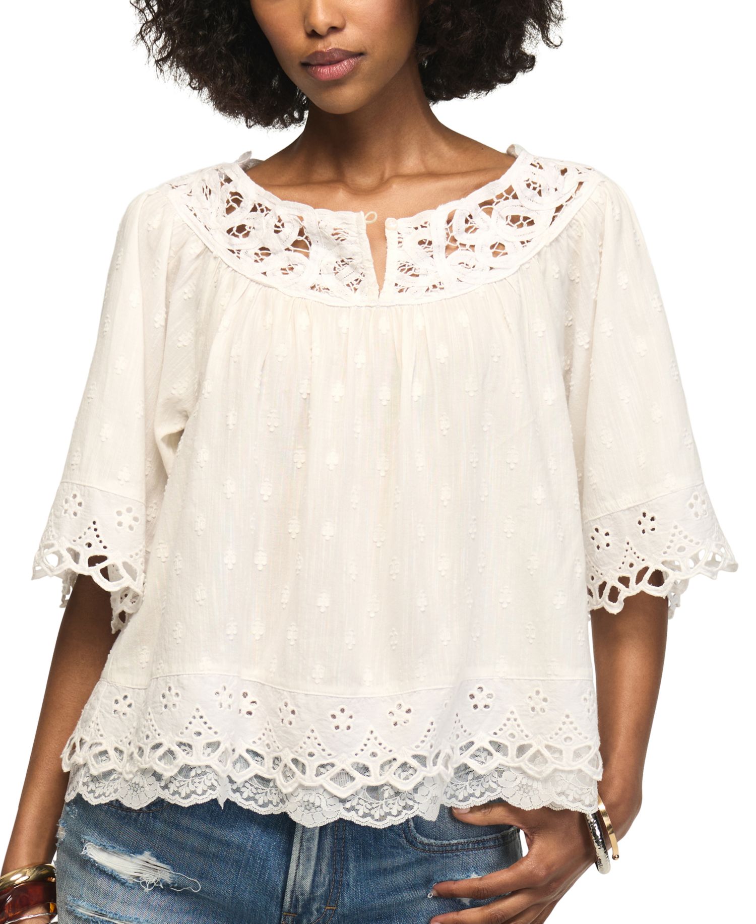 Women's Notch-Neck Lace Detail Top