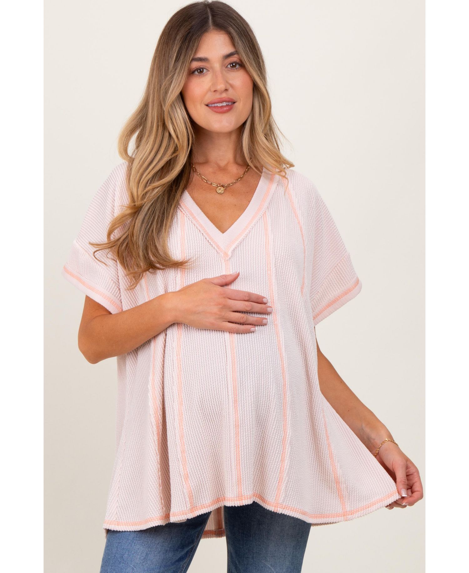 Women's Striped Ribbed V-Neck Oversized Short Sleeve Top