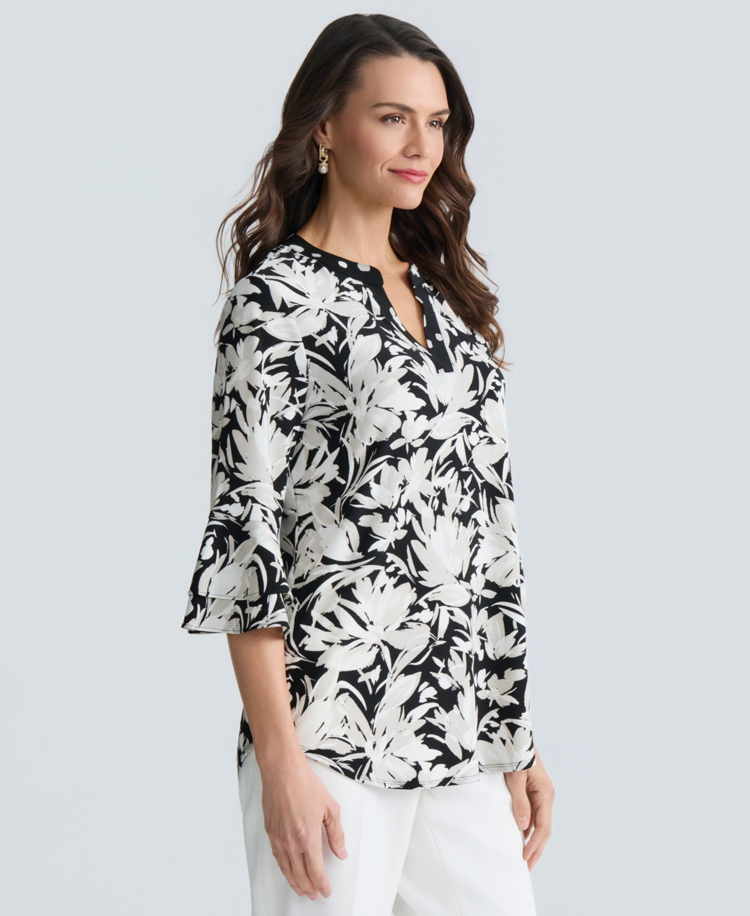 Women's Printed V-Neck Elbow-Sleeve Top, Regular & Petite