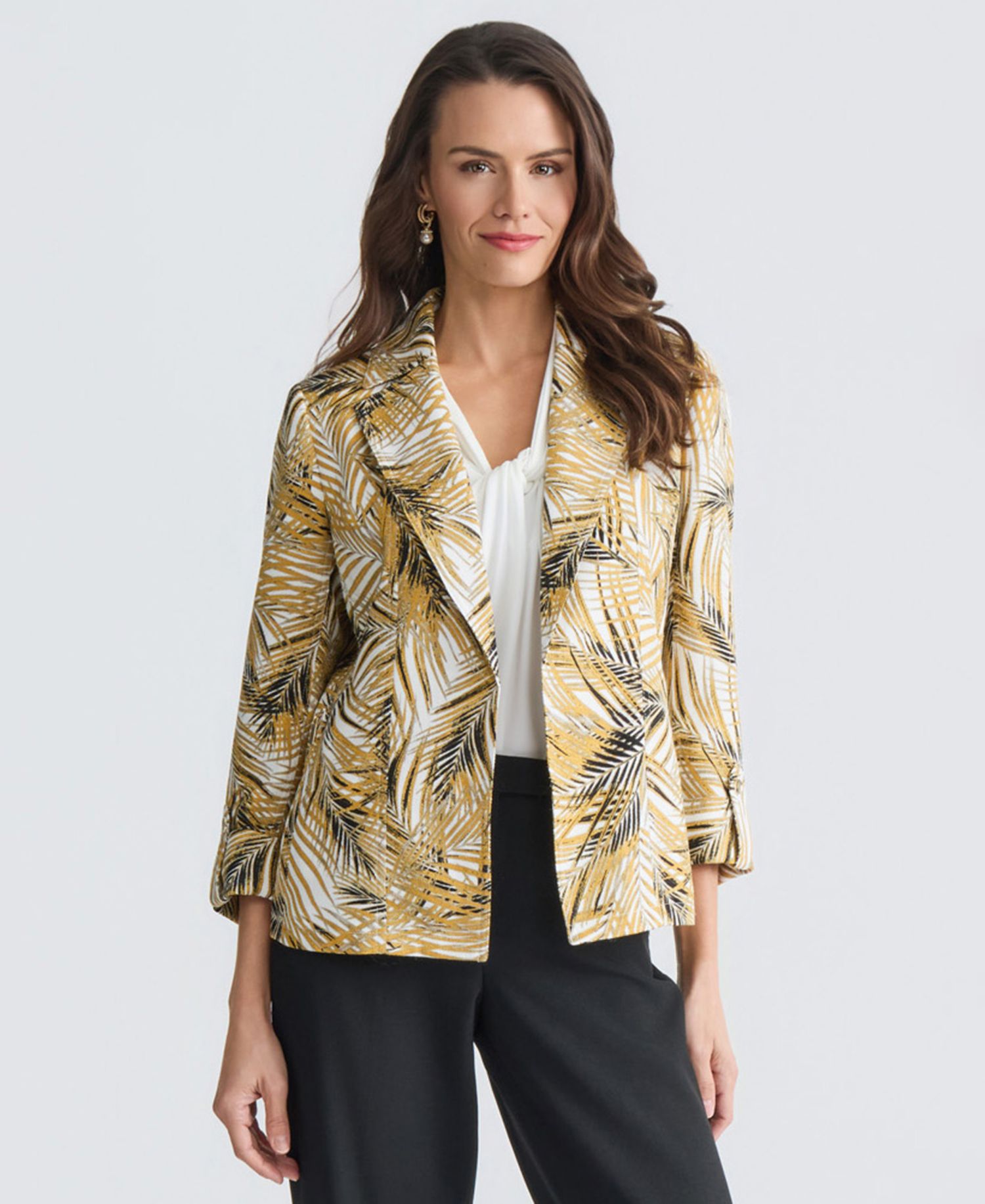 Women's 3/4-Sleeve Open-Front Palm Print Blazer, Regular & Petite