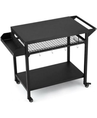 Outdoor Rolling BBQ Grill Cart, 2-Tier Metal Prep Table, Lockable Wheels, Side Mesh Shelf for Patio Backyard