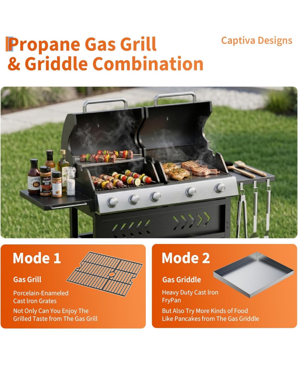 Xo 5-Burner Propane Gas Griddle Grill Combo, 40,000 Btu Stainless Steel Bbq for Backyard Kitchen