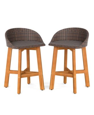 Outdoor Faux Rattan Bar Chairs Solid Acacia Wood Bar Stools for Porch