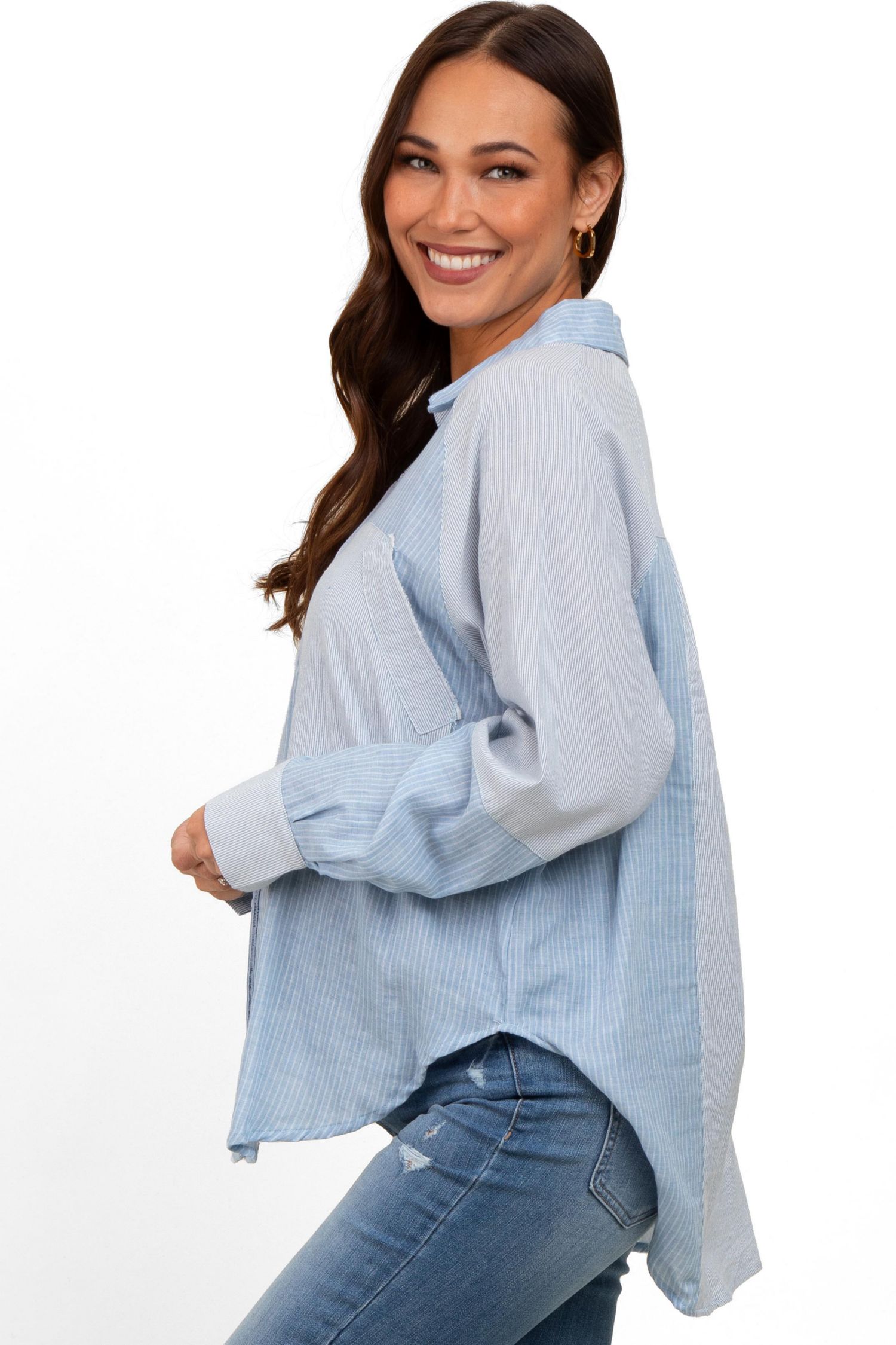Women's Light Blue Striped Colorblock Button Up Top