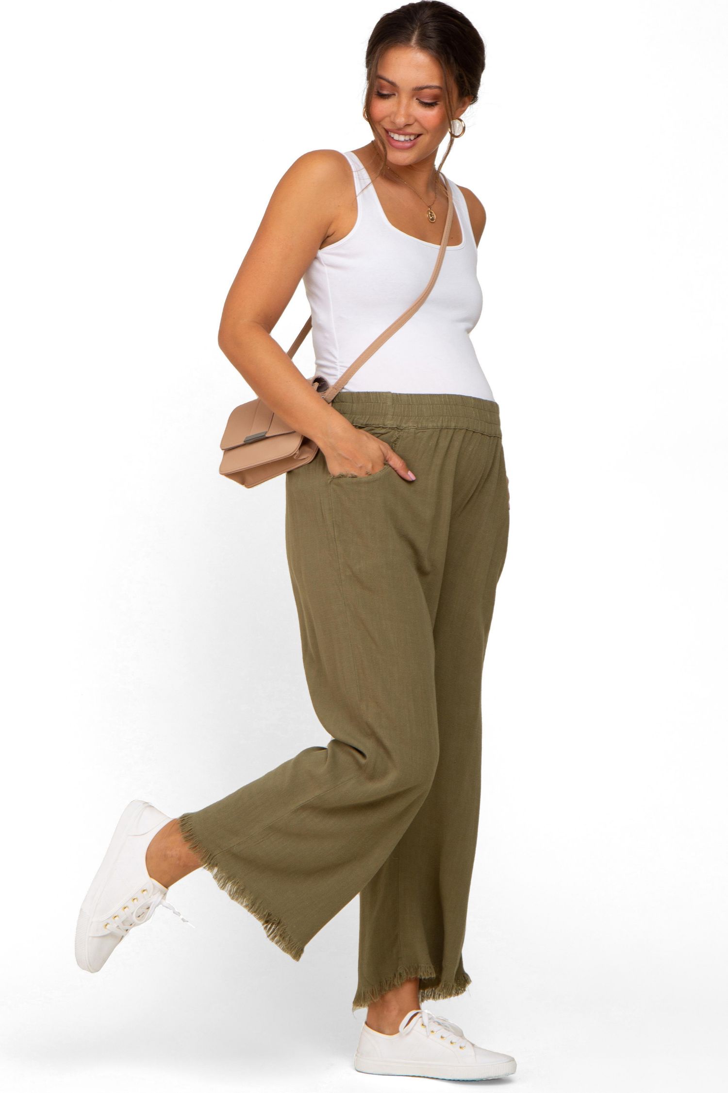 Women's Olive Linen Frayed Hem Crop Pants