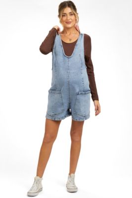 Women's Light Blue Denim Scoop Neck Short Overall