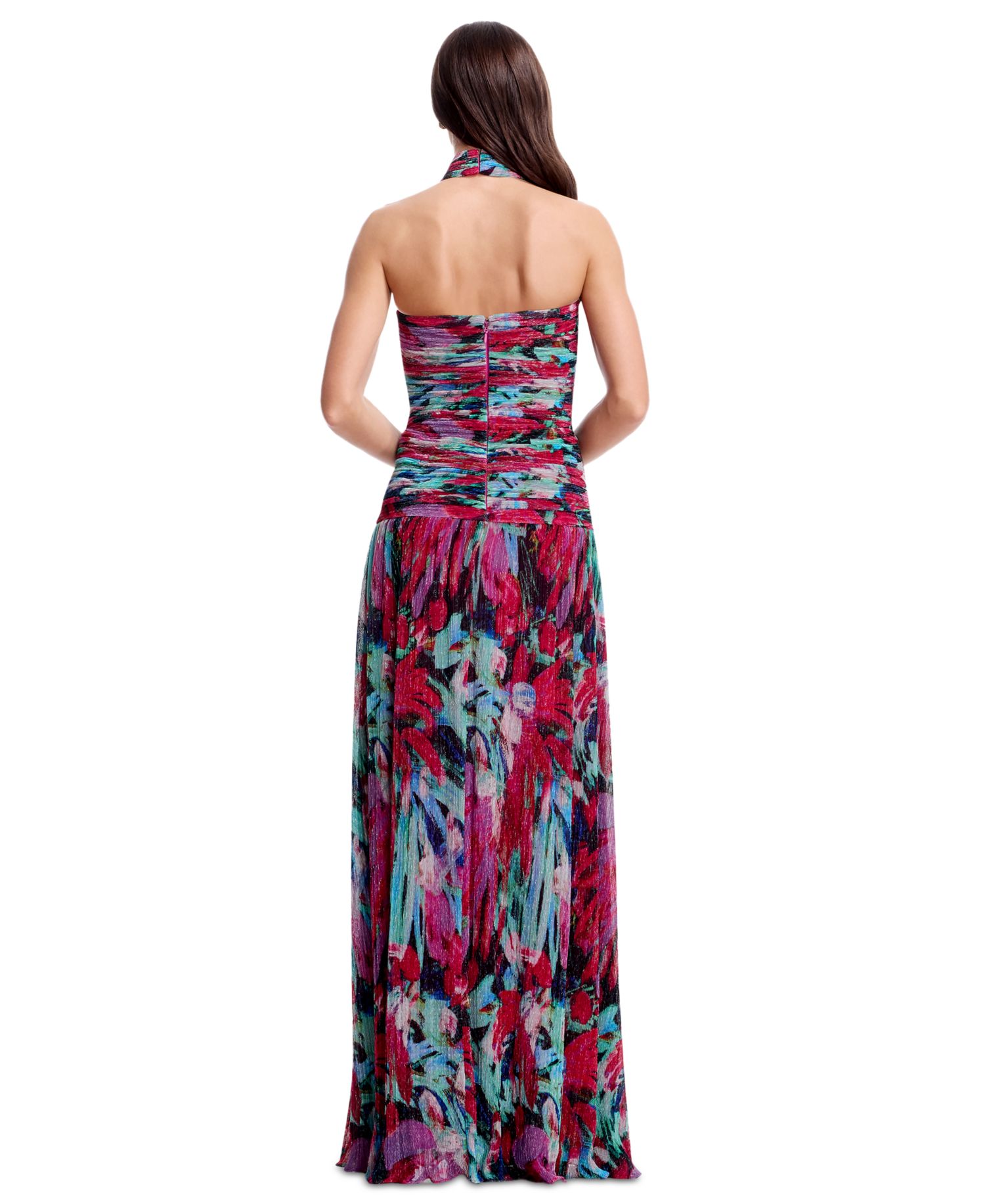 Women's Printed Halter Neck Ruched Drop Waist Gown