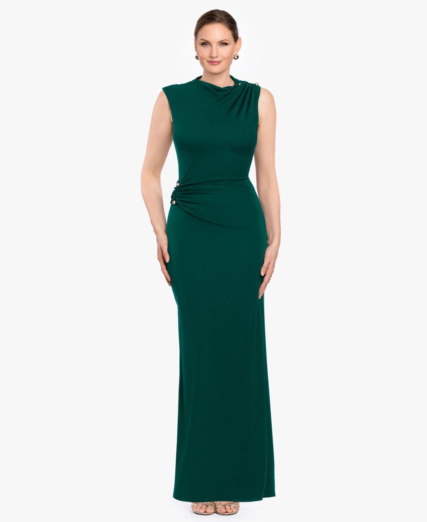 Женские платья Betsy & Adam Mock Neck Draped Column Gown, цвет: Зелёный — фото 1