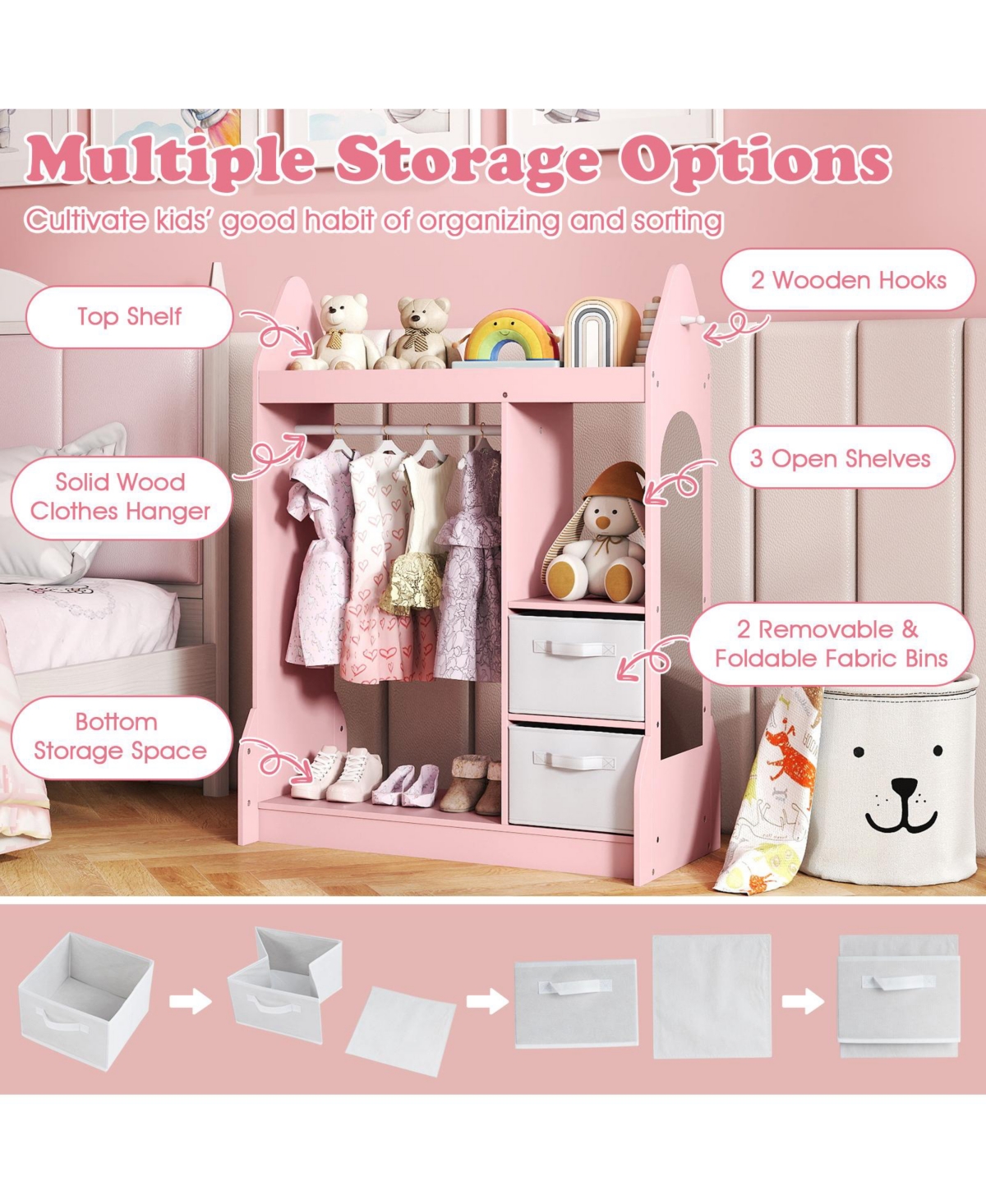 Slickblue Kids Dress Up Wardrobe Armoire with Hanger Storage