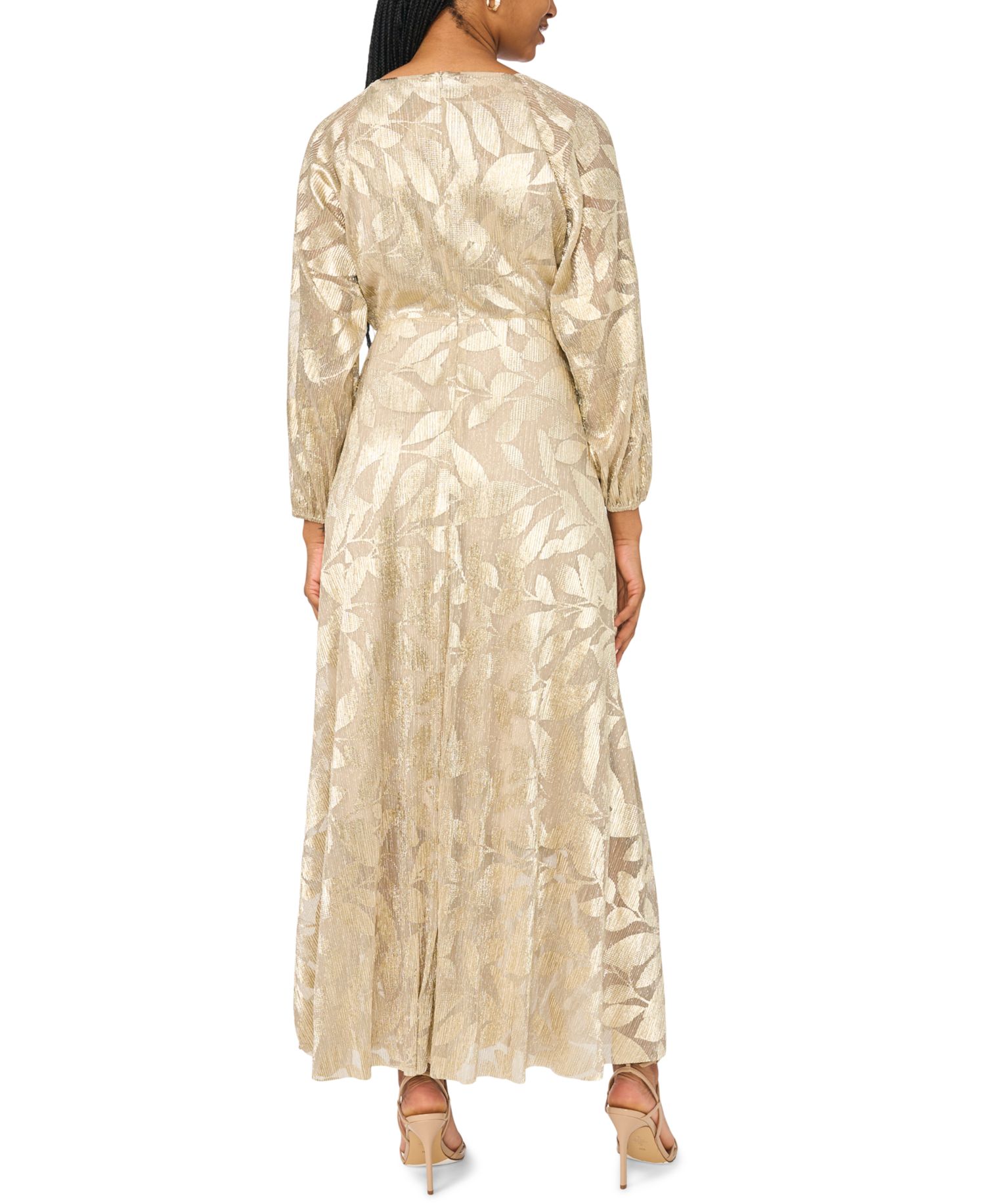 Women's Floral Shimmer Foil Detail V-Neck Gown