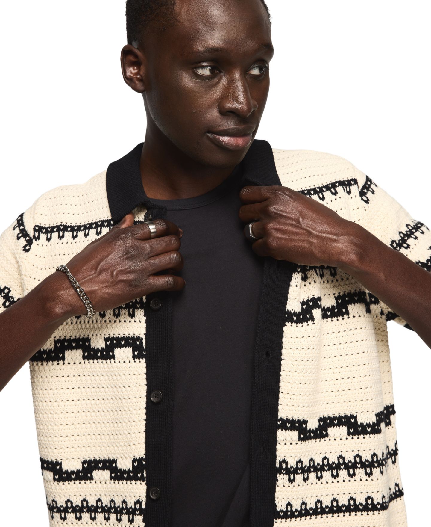 Мужской вязаный свитер Lucky Brand Southwest с коротким рукавом, цвет: Кремовый / Тёмный чёрный — фото 3