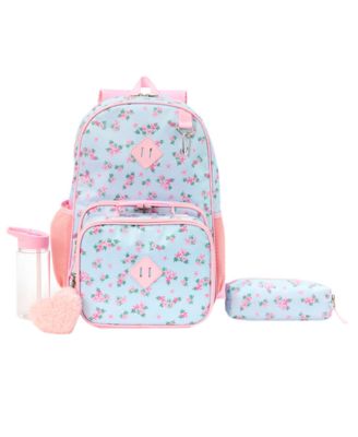 Girls' Floral Backpack, Lunch Box, Pencil Case, Water Bottle and Carabiner, 5-Piece Set