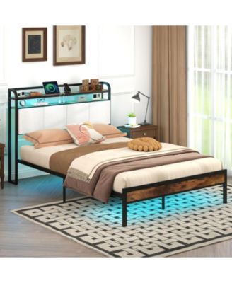 Full Size Bed Frame LED Light and Charging Station Heavy Duty Metal Platform Bed