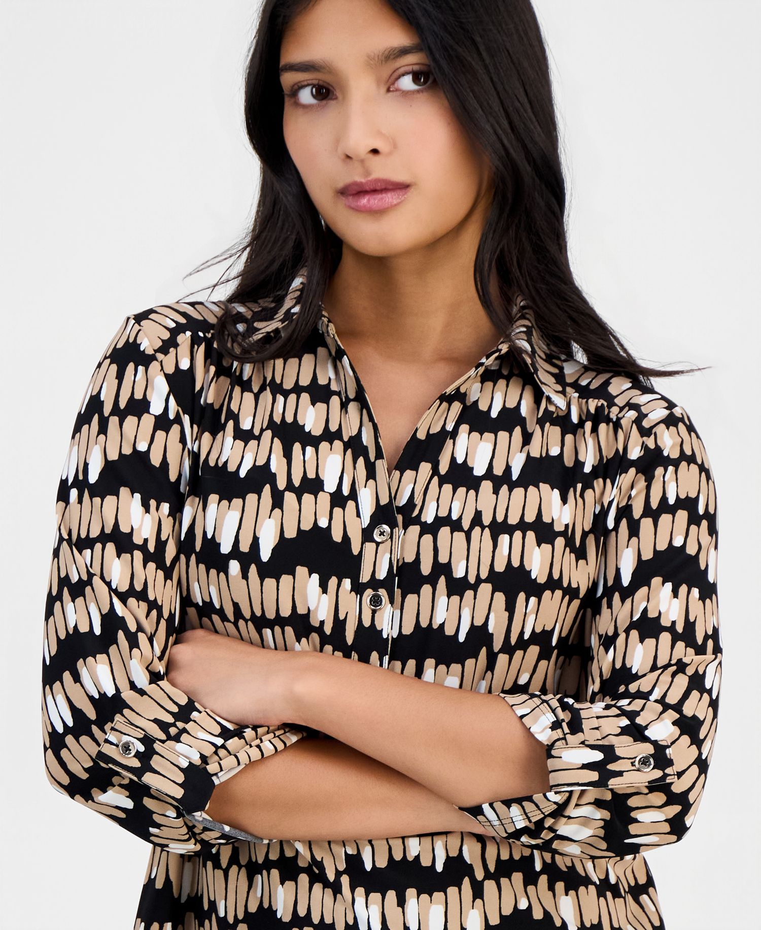 Women's Printed Collared 3/4-Sleeve Top