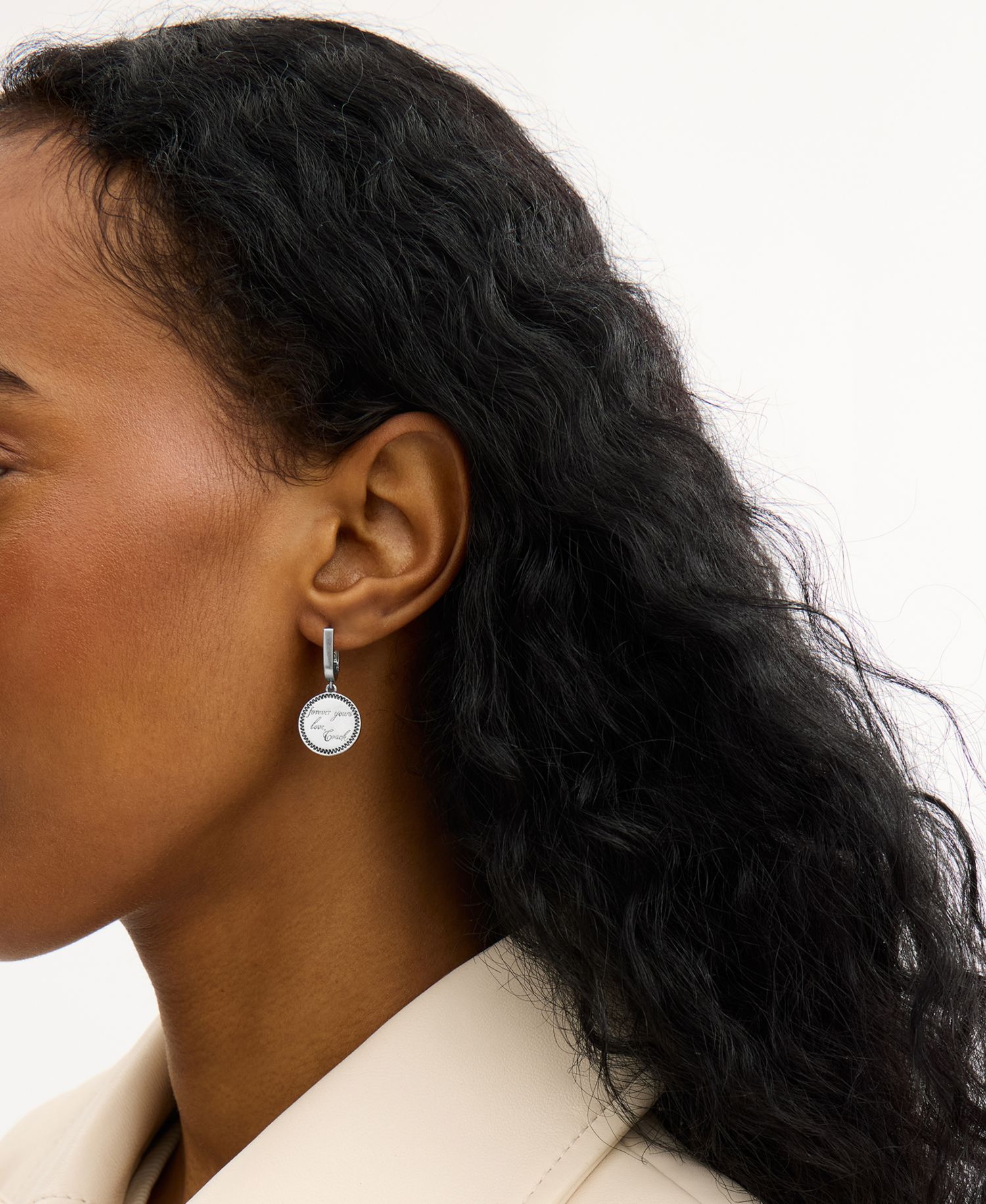 Silver Runway My Love Coin Charm Huggie Earrings