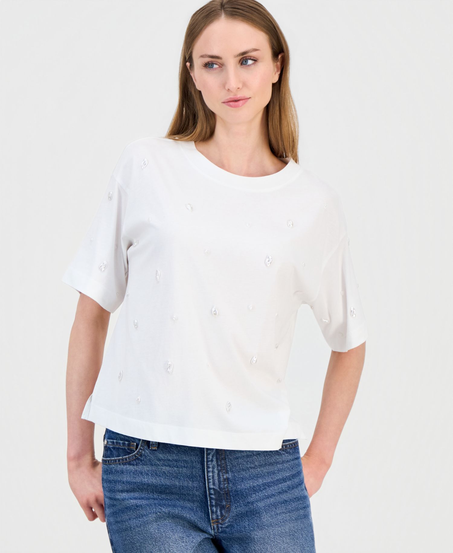 Women's Imitation Pearl Embellished Short Sleeve T-Shirt