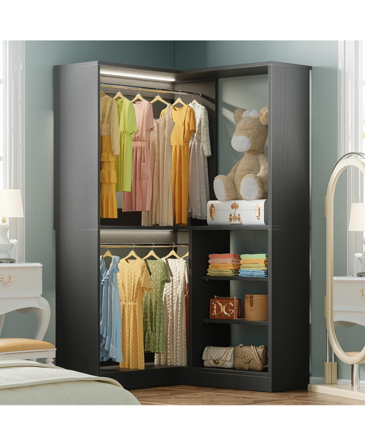 Aheaplus Corner Closet Organizer System, 36'' Wide Freestanding Storage Unit with 2 Hanging Rods and 8 Shelves