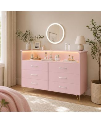 Modern 6-Drawer Dresser with App-Controlled RGB LED Lights and Built-In Charging Station, Water and Mark Resistant MDF with Metal Legs, Easy
