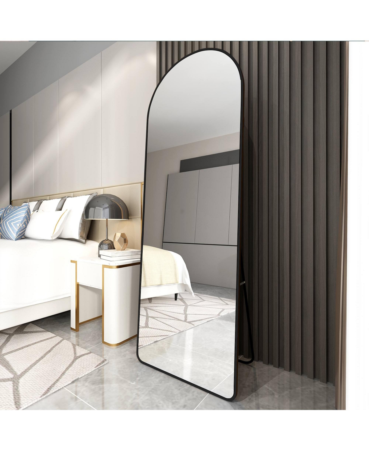 Phying arched full-length mirror with aluminum alloy frame, floor or wall mounted, perfect for bathroom, bedroom, or dressing areas