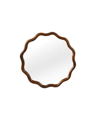 Walnut Wood Color 24 inch Wavy Round Solid Wood Frame Decorative Mirror for Bedroom Bathroom Living Room Entryway