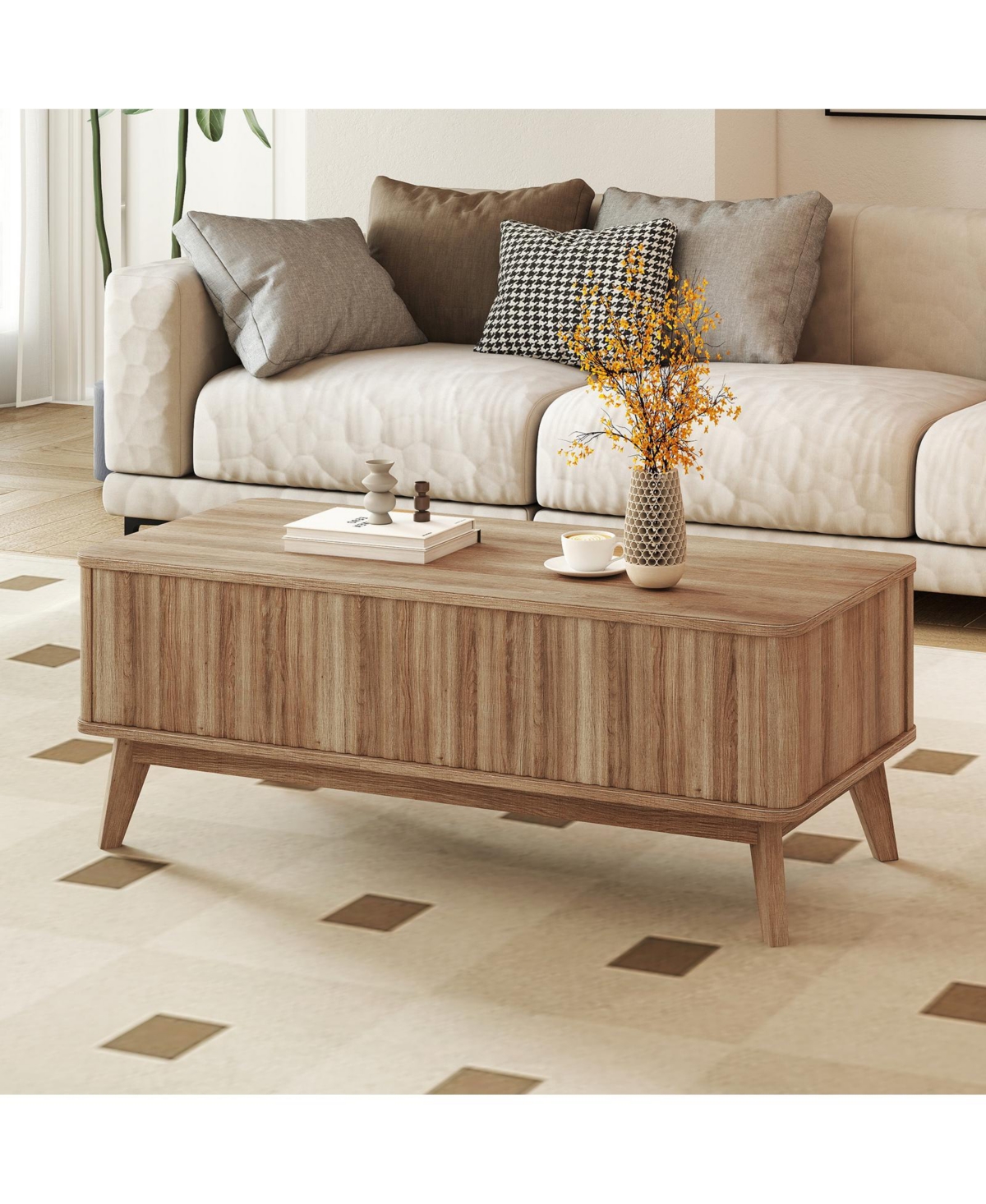 Gymax Fluted Lift Top Coffee Table with Lift Tabletop Hidden Compartments for Home