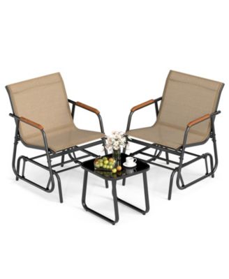 3 Piece Outdoor Gliding Set w/ Tempered Glass Coffee Table Teak Wood Armrests