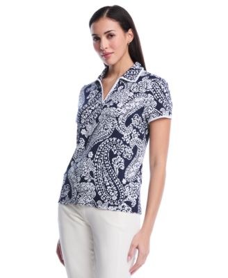 Petite Paisley Print Contrast Trim Johnny Collar Short-Sleeve Polo Shirt